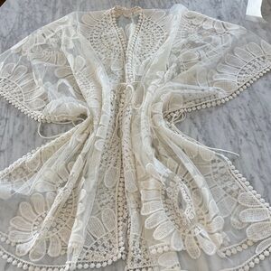 Sheer Embroidered Lace Kimono - Ivory